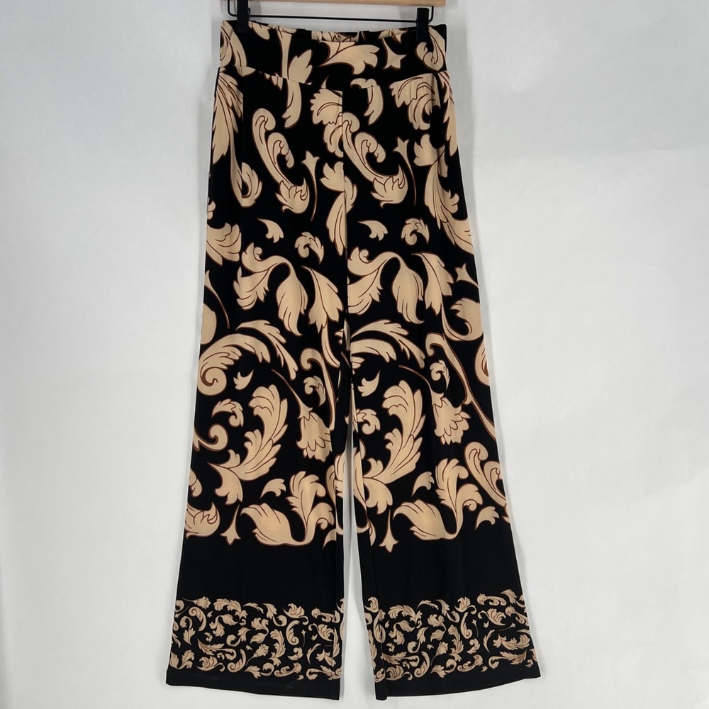 Midnight Velvet Black Tan Stretch Jersey Knit Wide Leg Pull-On Pants NWT Size M
